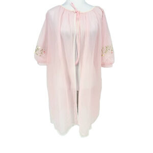 Vtg Gaymode Pink Embroidered Floral Peignoir Lingerie Robe Small Chiffon Boudoir